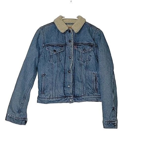 Levi's Denim Trucker Jacket Faux Shearling Collar Button Front Jean Coat S RETRO - Picture 1 of 9